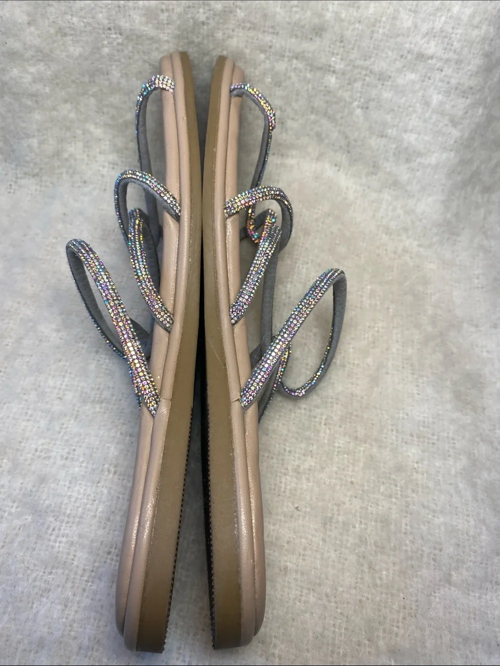 Steve Madden Tan Slide Sandals with Iridescent Beaded Straps